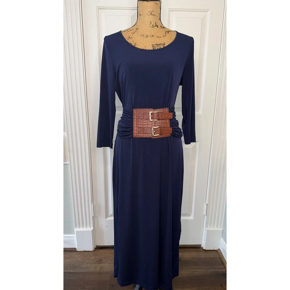 Boston Proper Navy Blue Maxi Dress 3/4 Sleeve Brown Croc Belted Ruched Size M - Picture 1 of 8
